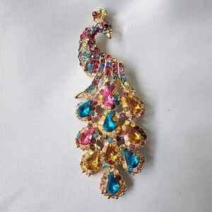 Peacock Brooch Pin Colorful‎ Rhinestone Crystal Statement Jewelry Collectible